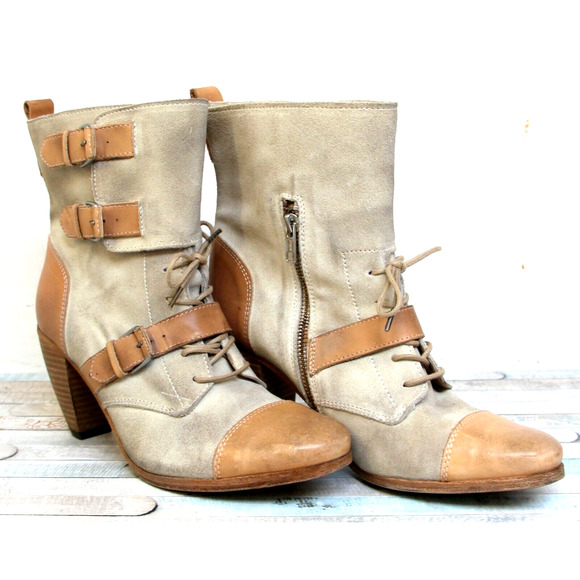ALLSAINTS SPITALFIELDS BEIGE GRAY GENUINE LEATHER MED HEEL BELTED BOOTIES 9.5 40